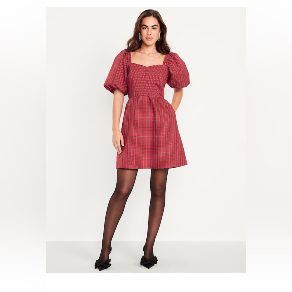 Old Navy Red Checkered Puff Sleeve Mini Dress